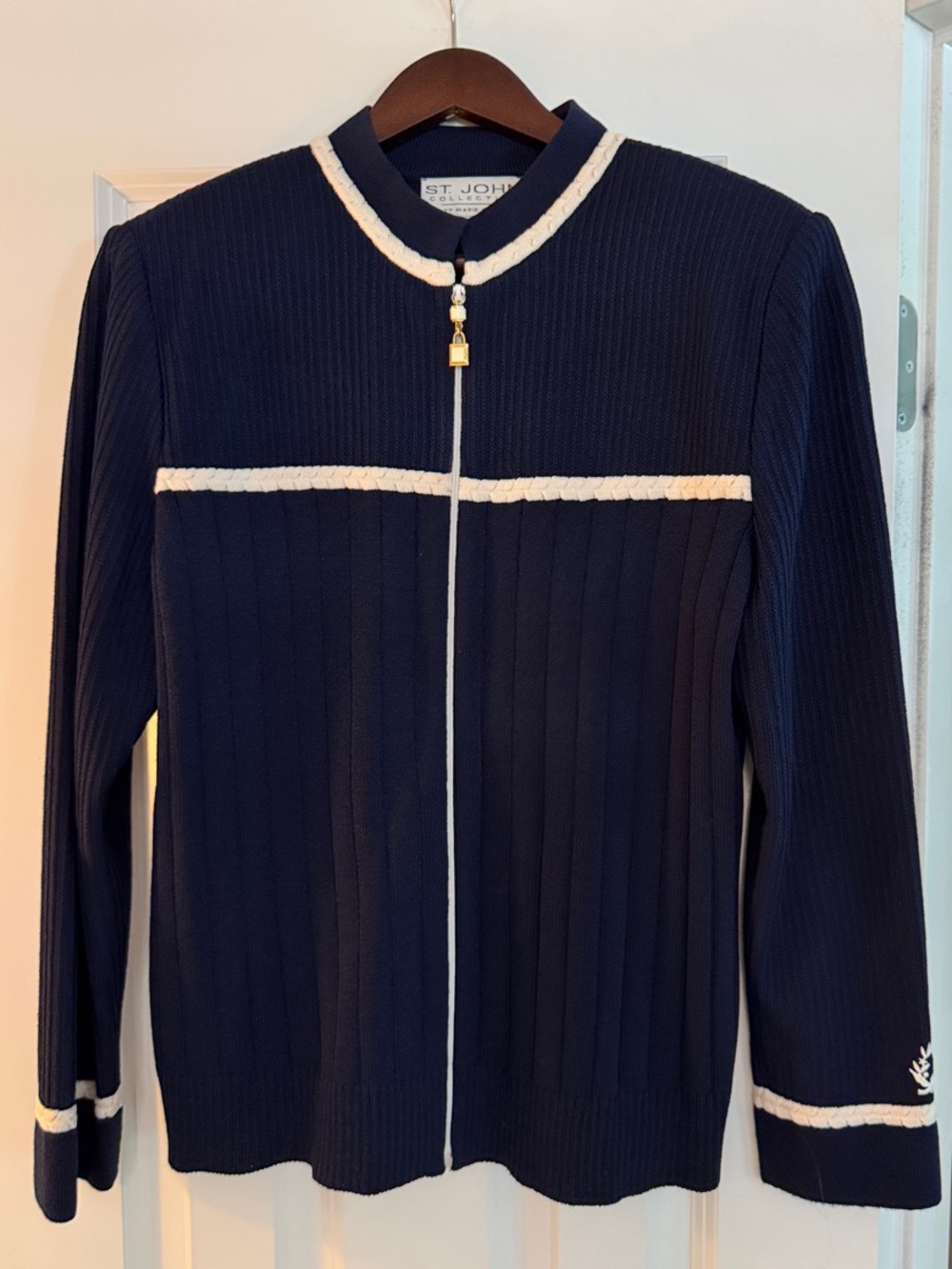 St. John Navy Knit Zip Cardigan with Ivory Trim